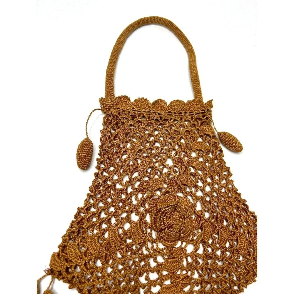 Vintage Handmade Open Crochet Drawstring‎ Handbag Purse Bag Unlined